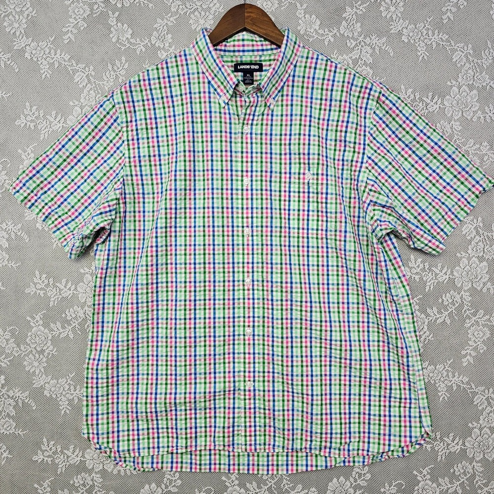 Lands'‎ End Plaid Button Down Shirt Mens XL Multicolor Seersucker Summer Preppy